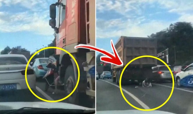 (UZNEMIRUJUĆI VIDEO) SMRTONOSNA KLOPKA! Devojka je na skuteru stala ispred kamiona, A ONDA JE ON KRENUO!