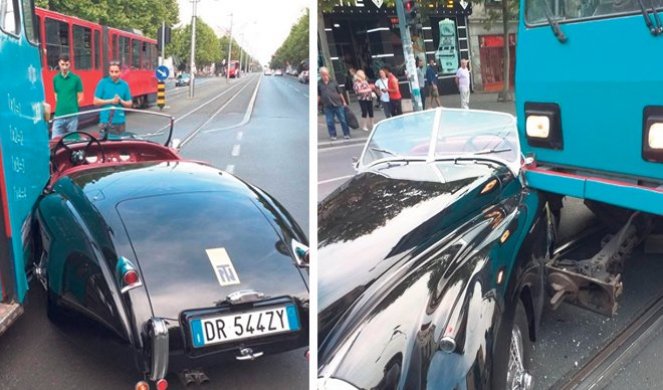 (FOTO) KAKAV PEH! 'Najskuplji' sudar u centru Beograda "Jaguar" od 250.000 evra zakucao se u tramvaj!