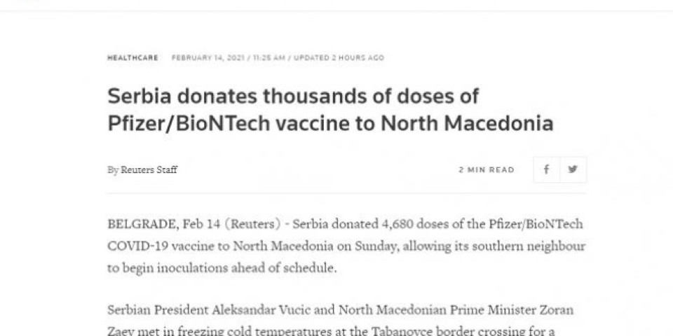 ROJTERS O DIPLOMATSKOM POTEZU VUČIĆA: Srbija omogućila Severnoj Makedoniji početak vakcinacije!