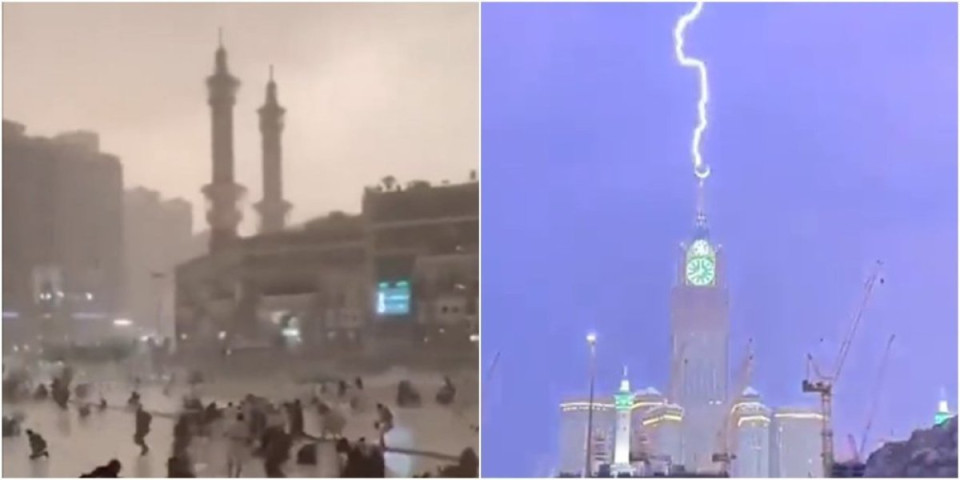 (VIDEO) Snažna oluja okovala Meku, kiša lije kao iz kabla! Grom udario u Sahat kulu: Ljudi se držali za kante da ih vetar ne odnese!