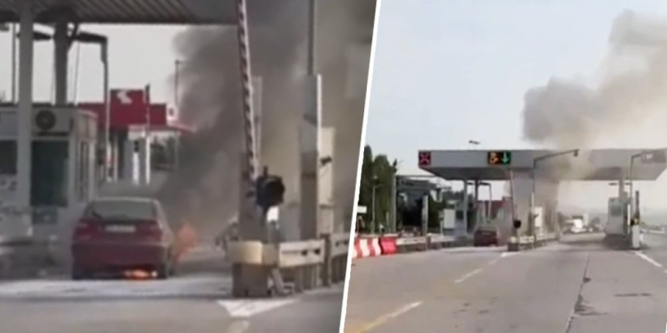 Jeziv snimak sa naplatne rampe Pojate! Vatra progutala automobil (VIDEO)