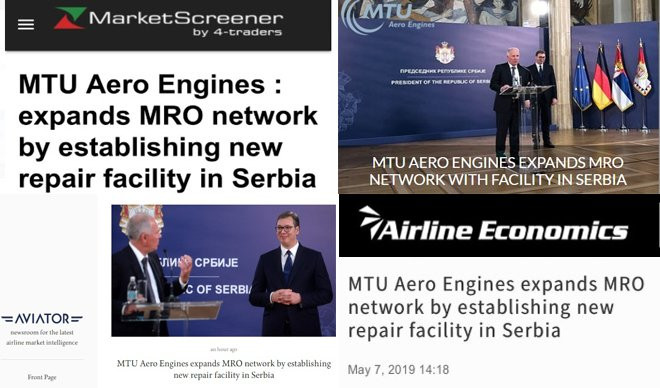 VEST O MTU AERO ENGINES JEDNA OD GLAVNIH TEMA U SVETSKIM MEDIJIMA! Na vodećim avio i ekonomskim portalima svi pišu visokotehnološkoj investiciji u Srbiji!