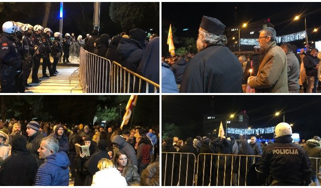 PRKOSNO I PONOSNO! GRMI "OJ, KOSOVO, KOSOVO"! Crnogorska policija okružila građane, oni protestuju pesmom i molitvom! (VIDEO)