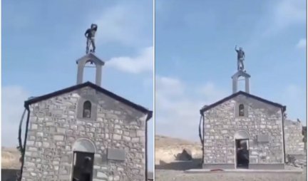 STRAVIČNE SCENE U NAGORNO KARABAHU! Azerbejdžanski vojnik skrnavi crkvu, penje sa na krov i uzvikuju ALAHU AKBAR!  (VIDEO)