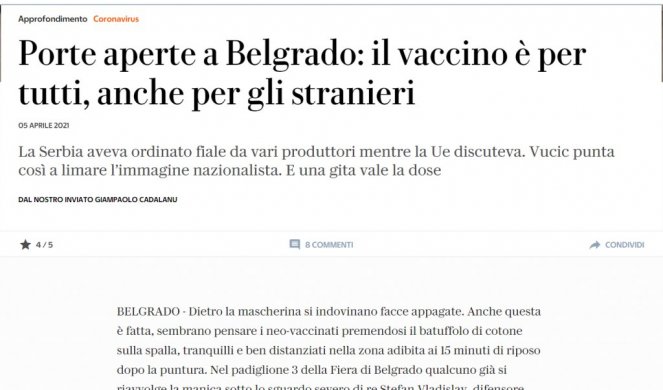 ITALIJANSKI MEDIJI PONOVO HVALE SRBIJU! Vrata se otvaraju u Beogradu: Vakcina je za sve, čak i za strance!