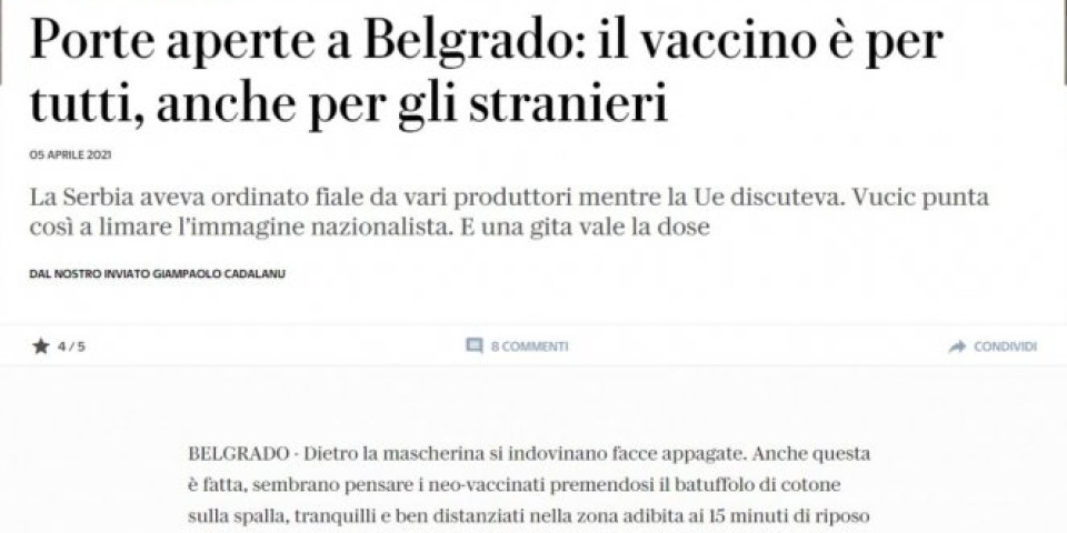 ITALIJANSKI MEDIJI PONOVO HVALE SRBIJU! Vrata se otvaraju u Beogradu: Vakcina je za sve, čak i za strance!