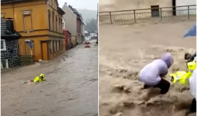 DRAMATIČNO SPAŠAVANJE U NEMAČKOJ! Bujica ponela vatrogasca, građani skakali da ga izvuku! /VIDEO/