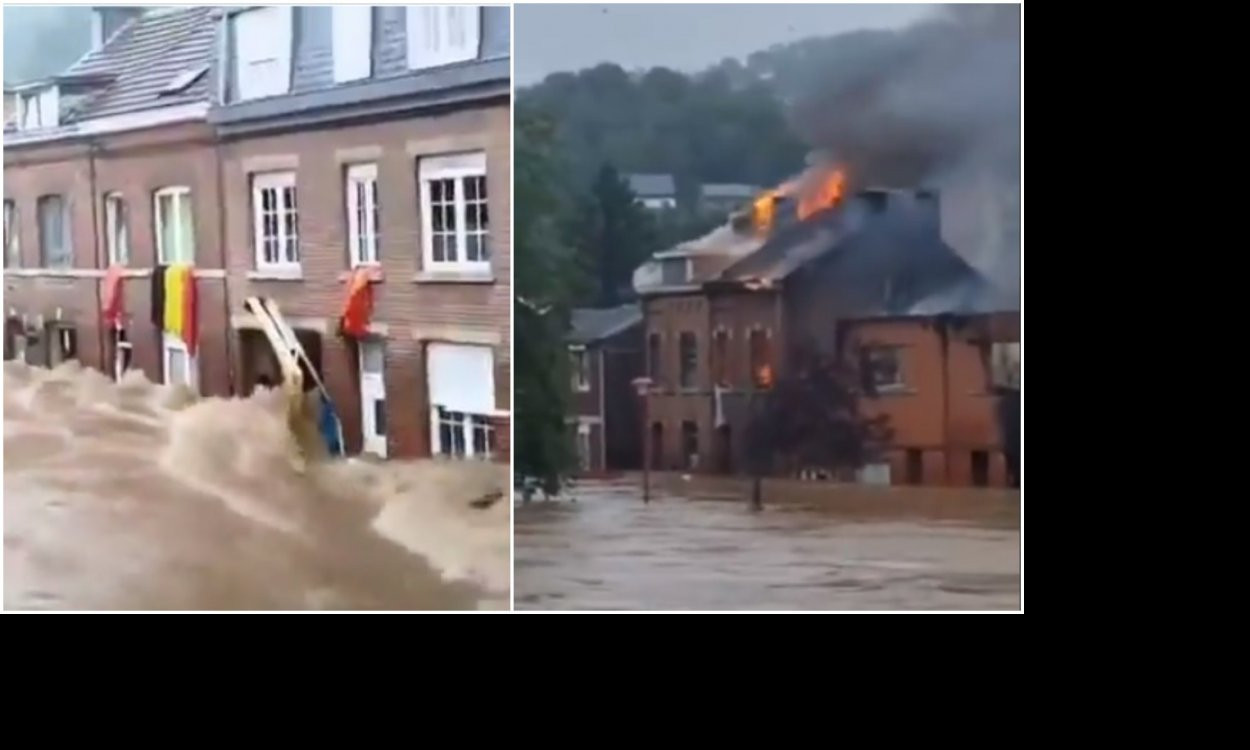 DRAMATIČNE SCENE IZ BELGIJE! Zgrada u plamenu dok bujica vode nadire! /VIDEO/