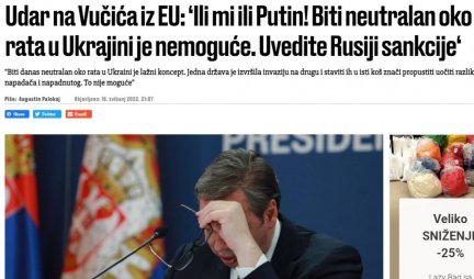 HRVATSKI MEDIJI JAVLJAJU: Evropa udarila na Vučića! Biraj, ili mi ili Putin!