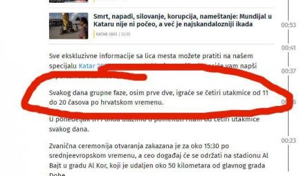 O TUGO JESENJA! Tajkunski portal poziva svoje čitaoce u Srbiji da Mundijal u Kataru prate PO HRVATSKOM VREMENU!