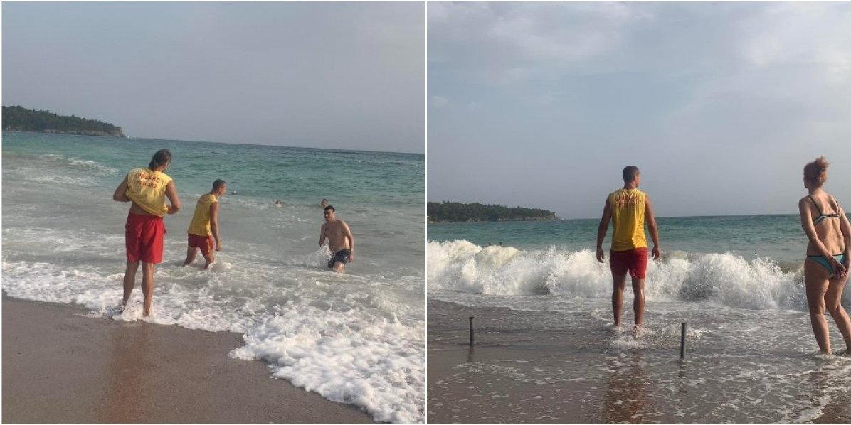 (VIDEO/FOTO) Dramatične scene na plaži u Sutomoru: Pred oluju digli se ogromni talasi, spasioci ljude isteruju iz mora - u poslednjem trenutku sprečili tragediju!