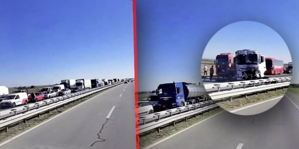 Haos na auto-putu! Kamion natovaren drvima udario u drugo teretno vozilo, preprečili kolovoz, gužve ogromne (FOTO/VIDEO)
