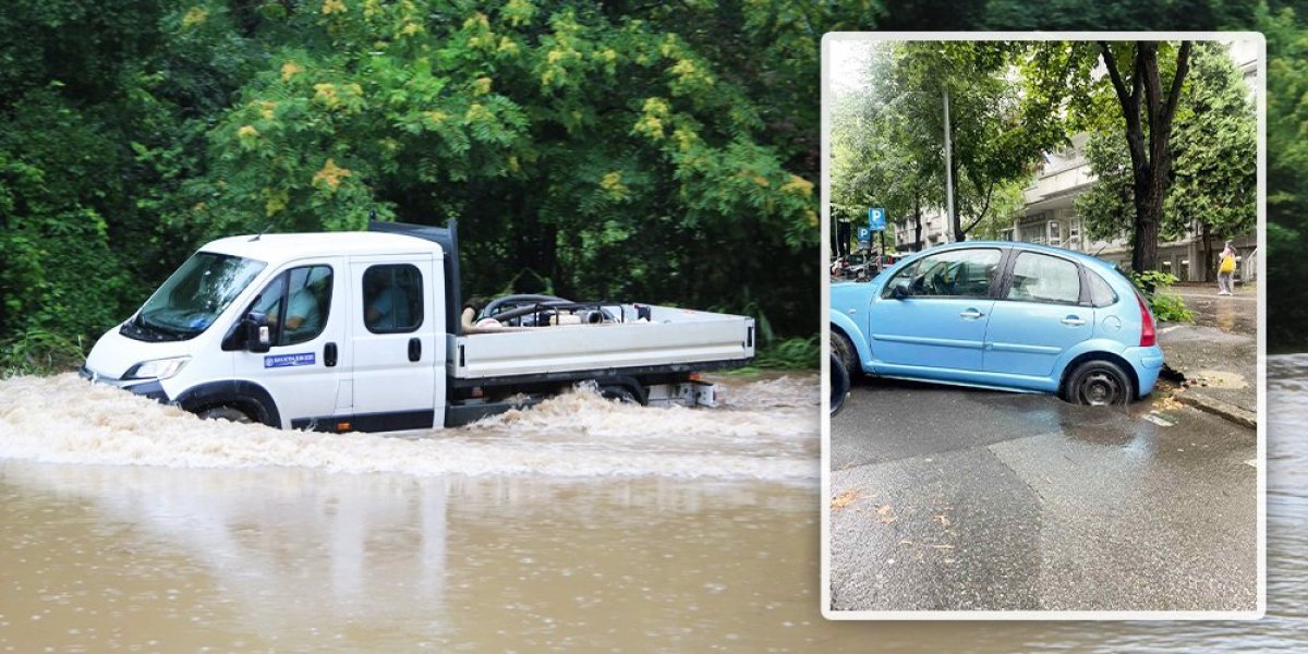 Šok scena u Palmotićevoj ulici! Zbog nevremena automobil zarobljen u krateru