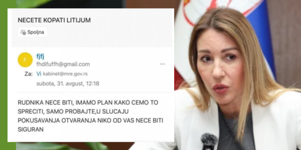 Ministarstvo rudarstva o pretećem mejlu: Nadležni su obavešteni, verujemo da će počinilac biti brzo otkriven!