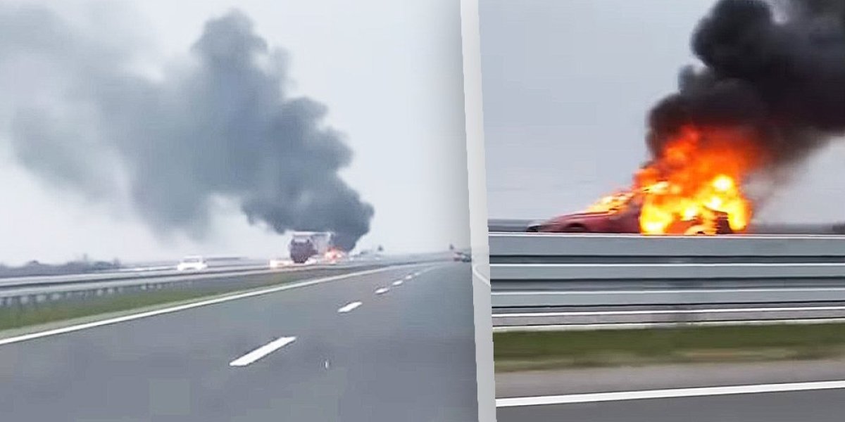 Požar na autoputu, od auta nije ostalo ništa! Vatra potpuno progutala skupoceno vozilo (VIDEO)