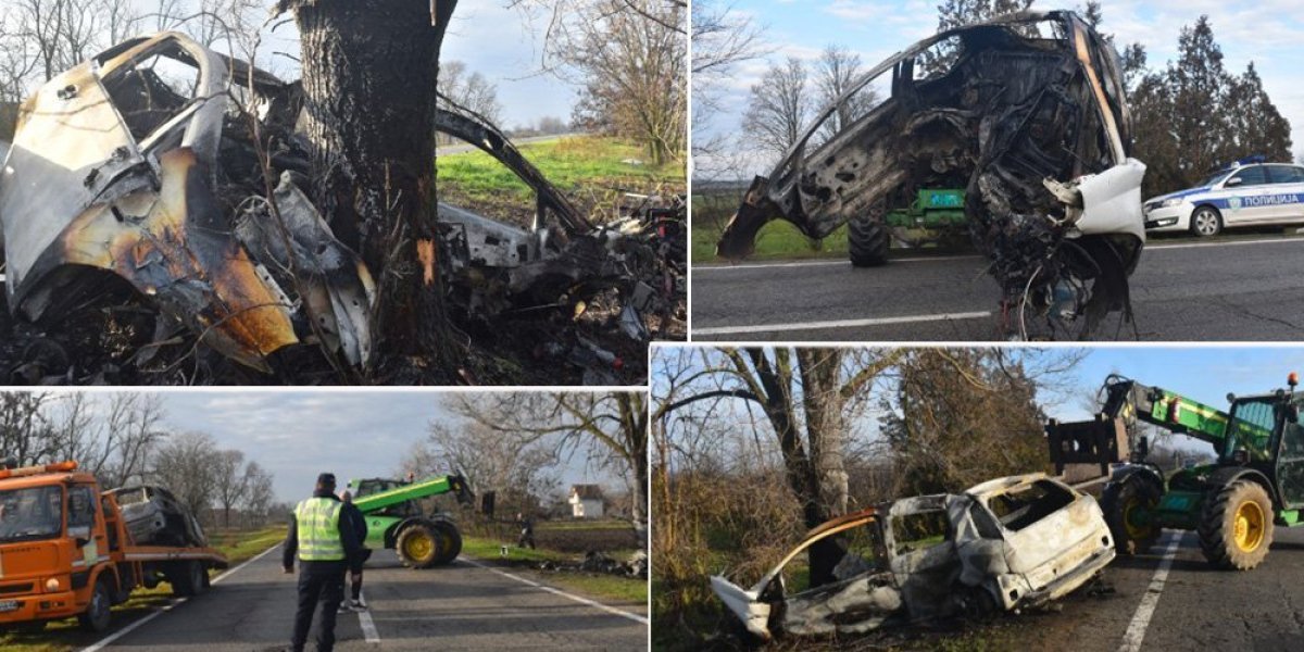 Jezive scene sa mesta nesreće kod Kikinde: Ugljenisano telo vozača i potpuno sagoreo automobil (FOTO/VIDEO)