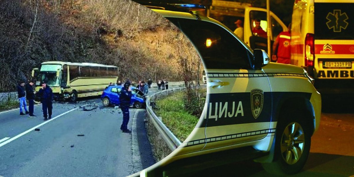 Stravična scena na mestu nesreće! Automobil uništen, delovi na putu: Vozač uleteo u suprotnu traku i udario autobus pun dece! (FOTO)