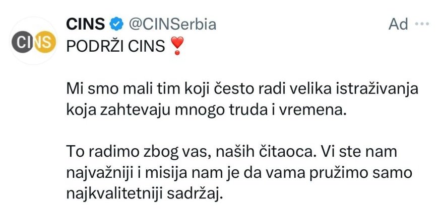 CINS ponovo moli za pare: Kada američke presuše, kreću reklame na "X" mreži!