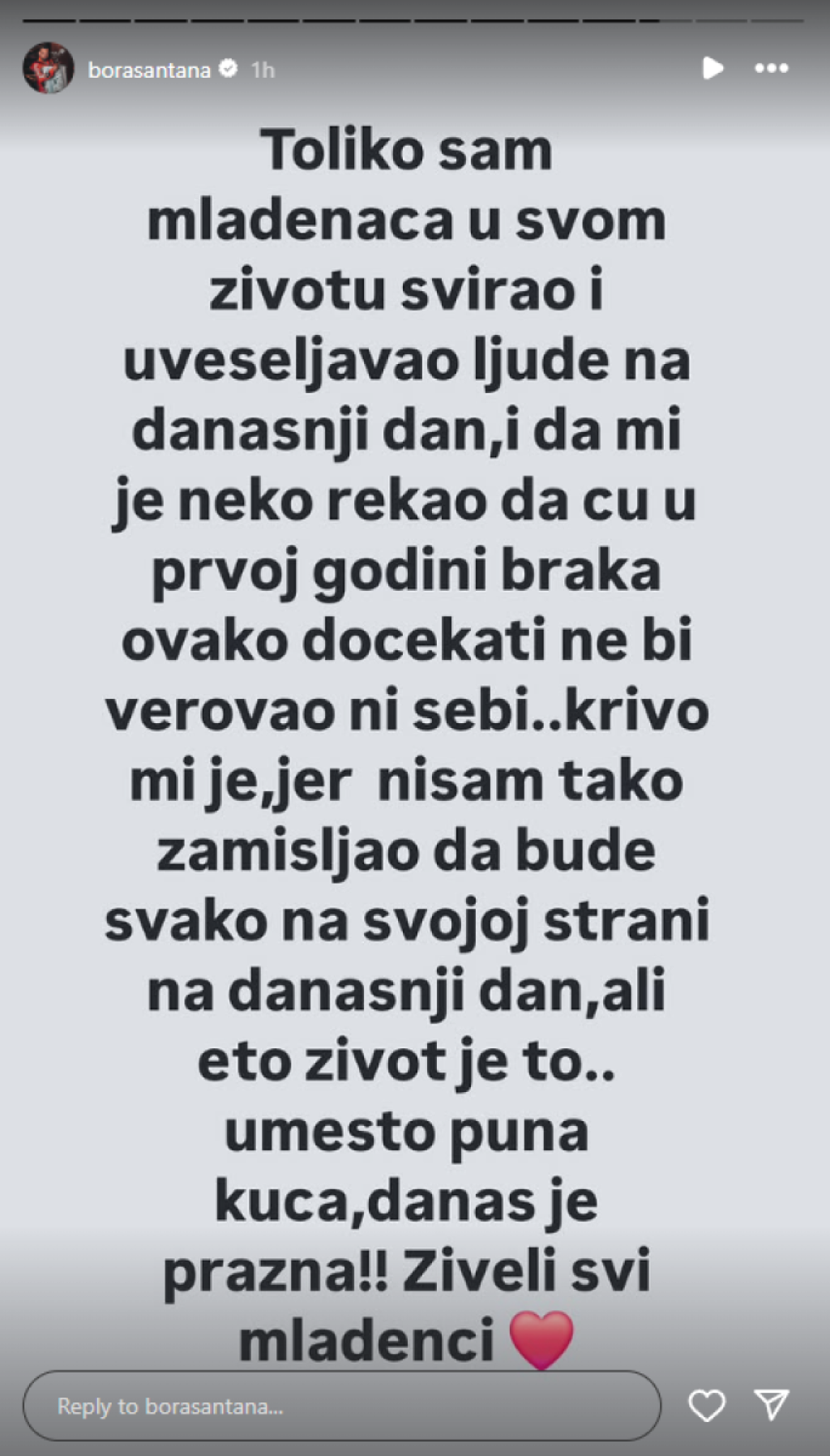 Bora Santana pati za Milicom na Mladence: "Umesto da bude puna kuća, danas je prazna"