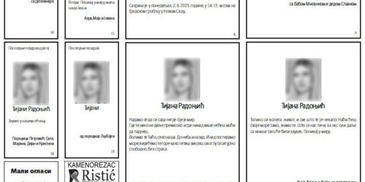 Čitulje za Tijanu Radonjić