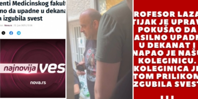U izjavi za antisrpsku Novu S, blokaderi sa Medicinskog fakulteta u Beogradu tvrde da je profesor Lazar Stijak "pokušao da upadne u dekanat, da je napao njihovu koleginicu, koja je izgubila svest"