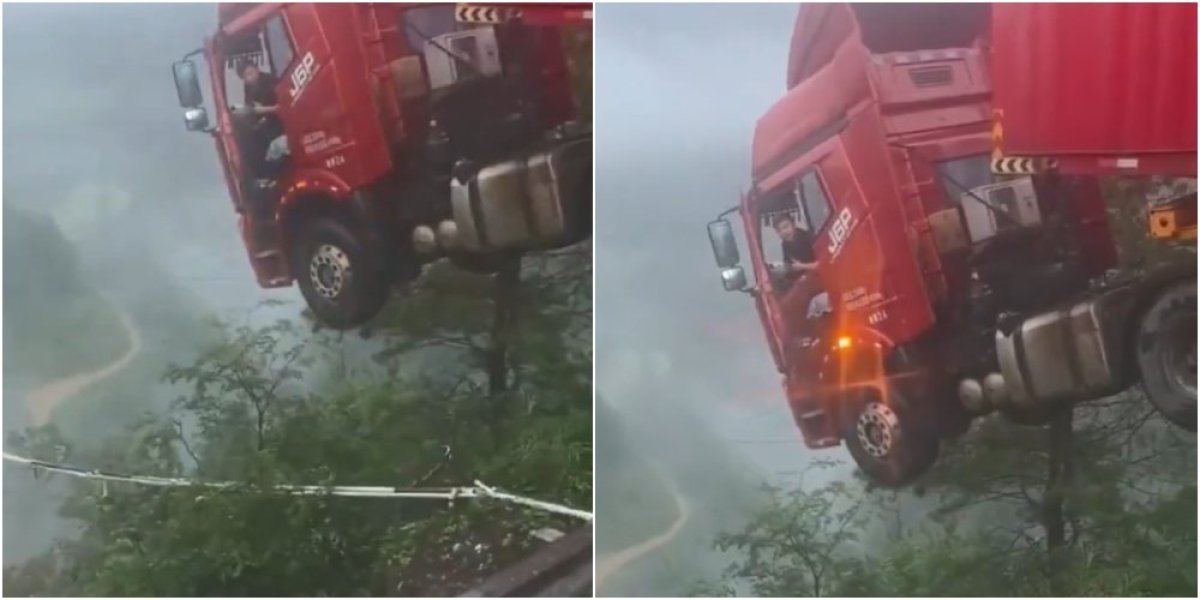 Vozač kamiona zarobljen u kabini nad provalijom! Dramatični snimak obišao svet! (VIDEO)
