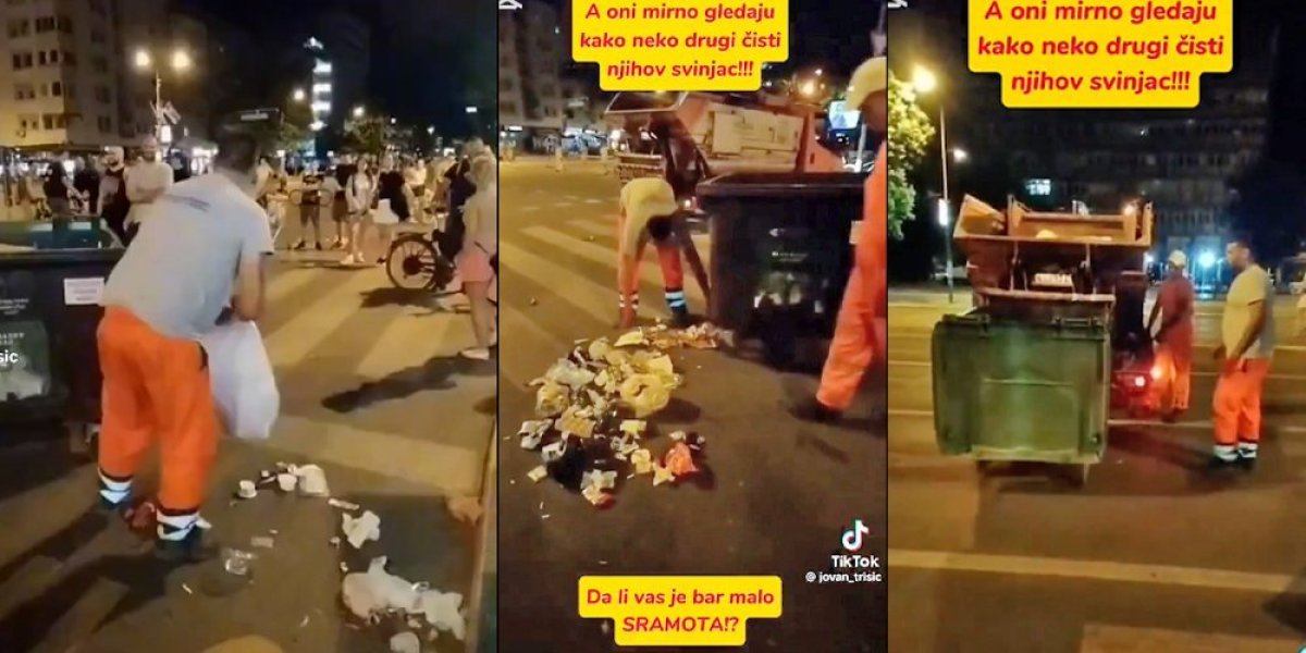 Bagra stoji, gleda, smeje se: Radnik gradske čistoće vredno radi i skuplja smeće koje su bloakderi ostavili (VIDEO)