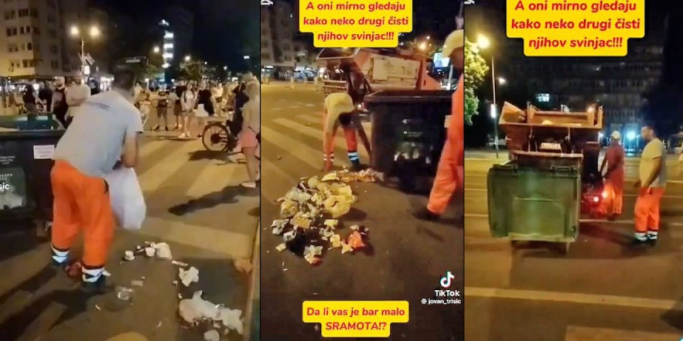 Bagra stoji, gleda, smeje se: Radnik gradske čistoće vredno radi i skuplja smeće koje su bloakderi ostavili (VIDEO)