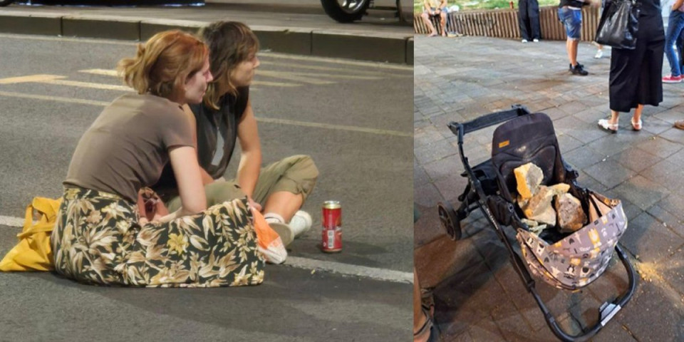 Bizarne scene u srcu Beograda - dvadesetak blokadera zgubidana se napija ispred SKC-a, dečja kolica puna kamenja (FOTO/VIDEO)