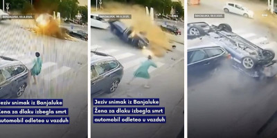 Jeziva saobraćajna nezgoda zabeležena je u Banjaluci, kada je automobil pri velikoj brzini uleteo u kružni tok, prevrnuo se i za dlaku ubio ženu koja je stajala u blizini.