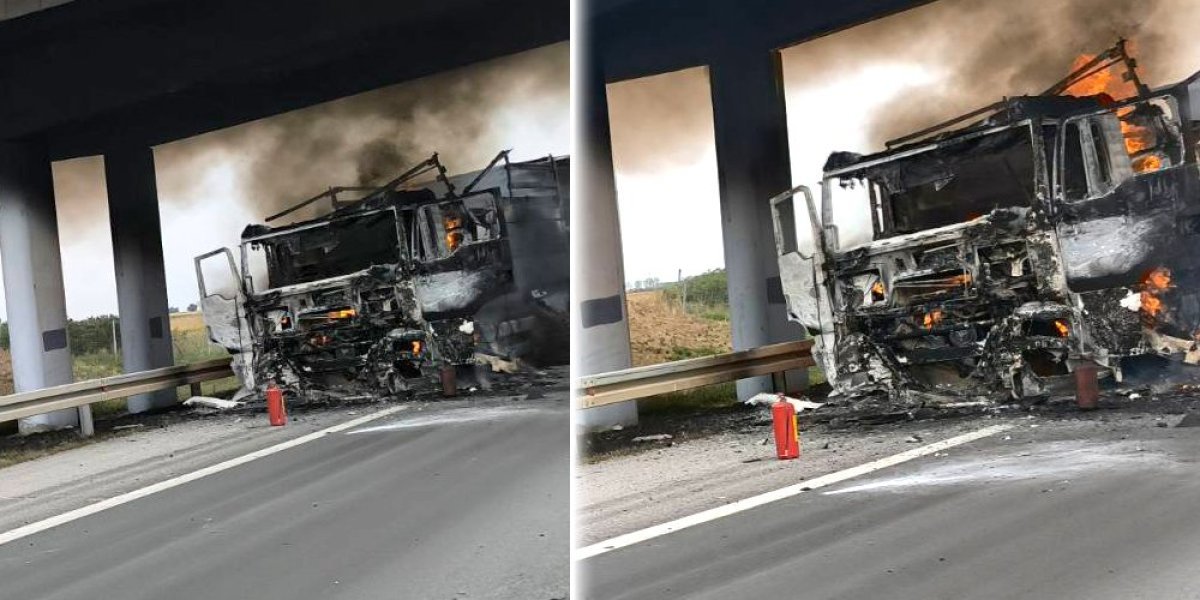 Gori kamion na auto-putu: Vatra progutala vozilo (VIDEO)