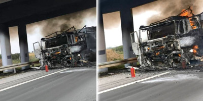Na auto-putu između Pećinaca i Rume došlo je do požara kamiona.