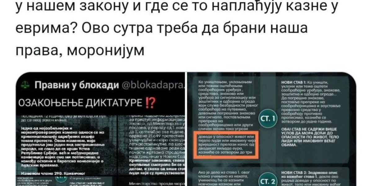 Objava na Tviter nalogu Pravni u blokadi