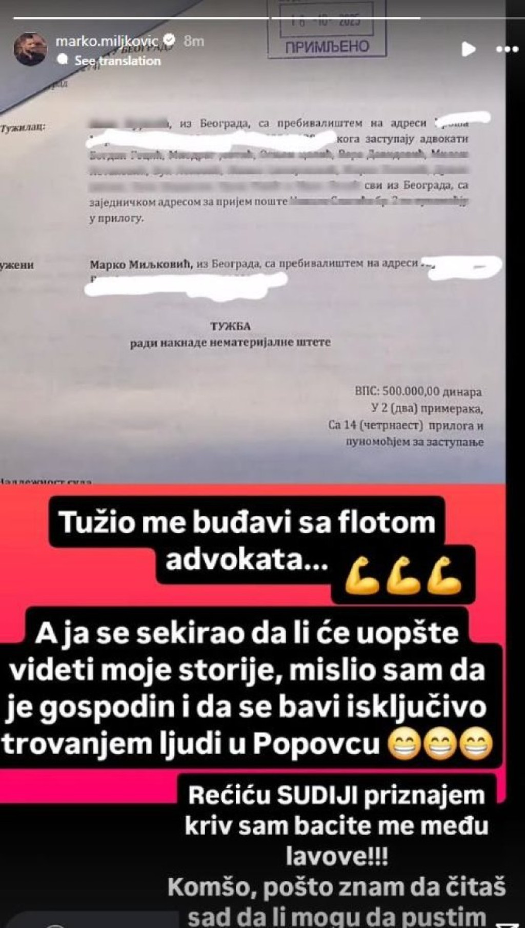 Mora da plati pola miliona - Marku Miljkoviću stigla tužba od komšije