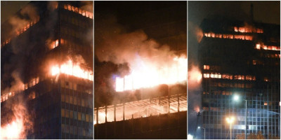 Požar u Vjesnikovom neboderu na Slavonskoj aveniji u Zagrebu, skoro 100 vatrogasaca gasi više od osam sati, gradonačelnik Tomislav Tomašević kaže da je šteta totalna.