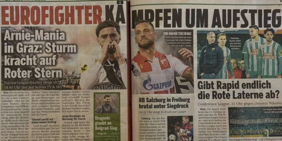 Šta u Austriji pišu o meču Šturm - Zvezda? "Sve je u znaku Arnija" (FOTO)
