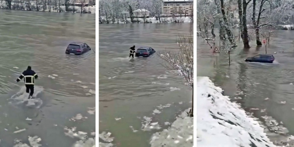 Vatrogasac sam izvukao vozilo iz nabujale reke: Napravio je najbolju reklamu za ovu auto kuću...(VIDEO)