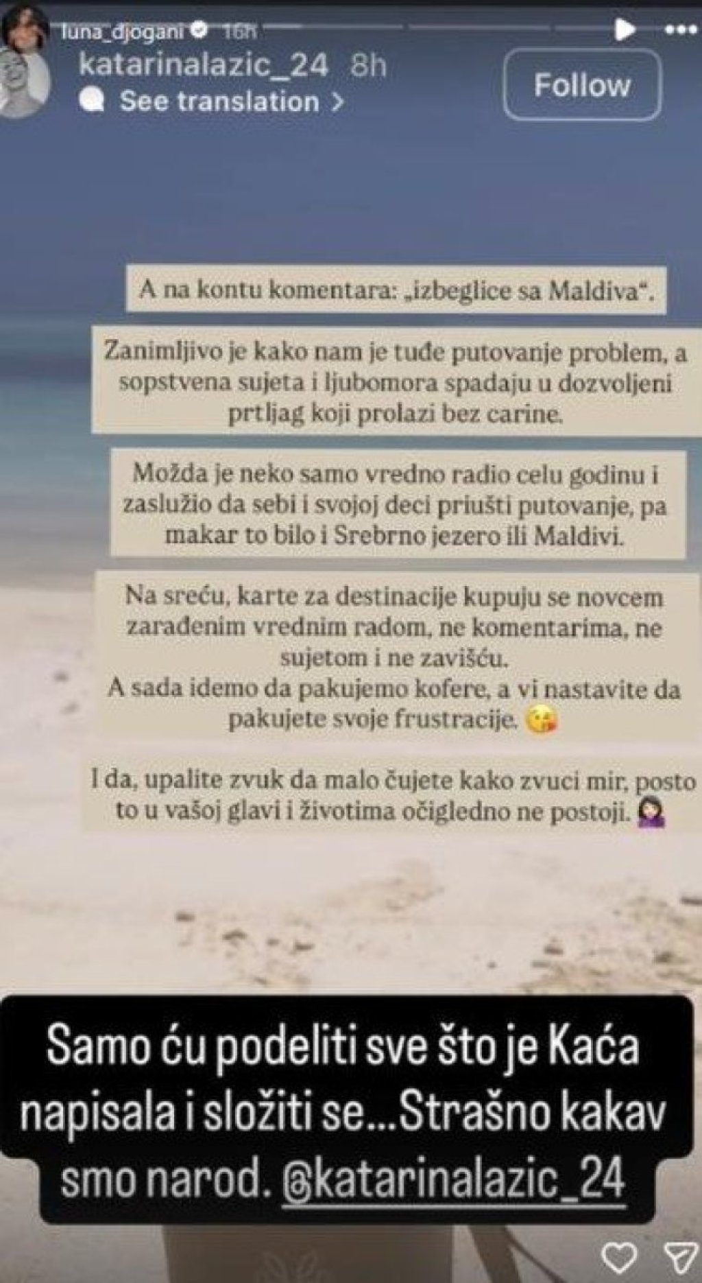 "Strašno kakav smo narod": Kaća Lazić otkrila sa čime se sučavaju zbog Maldiva, Luna reagovala