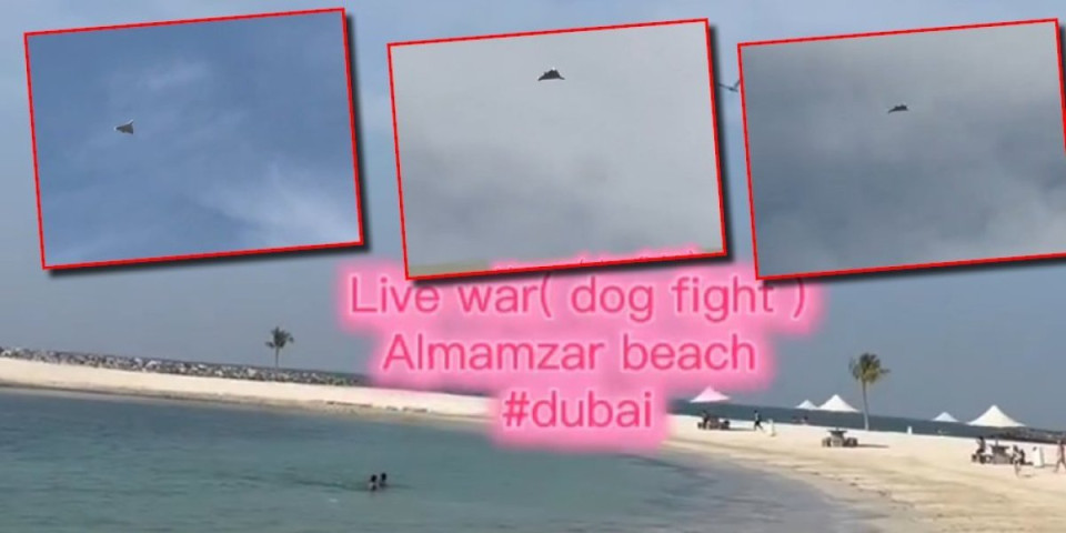 Pakao na nebu iznad luksuzne plaže! Pogledajte trenutak kada arapski lovac ispaljuje raketu na iranski dron: Ljudi se sunčali dok je iznad njih prštalo (VIDEO)