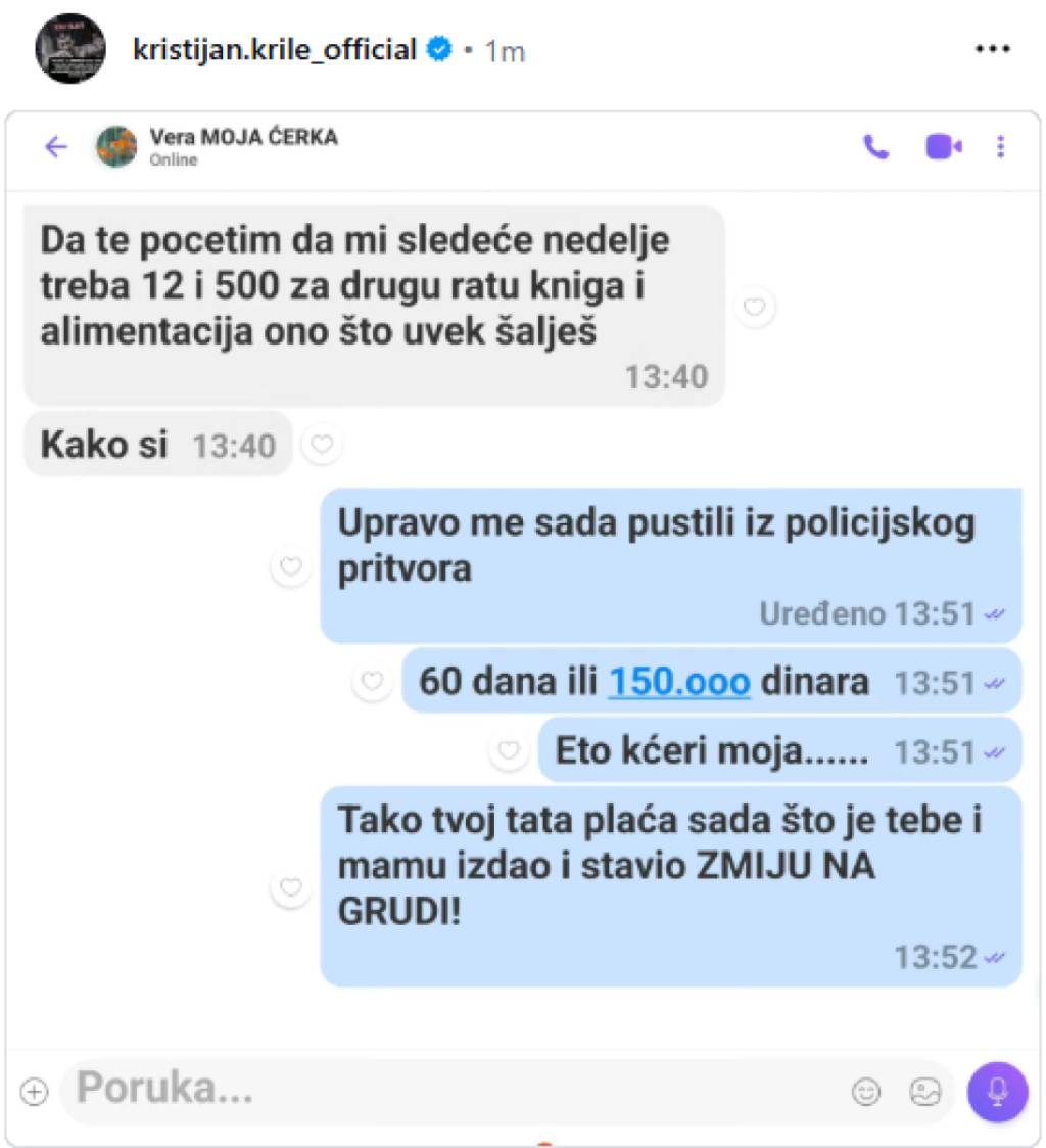 Čim je pušten iz pritvora Golubović objavio prepisku sa ćerkom Verom: "Tvoj tata plaća što je tebe i mamu izdao"