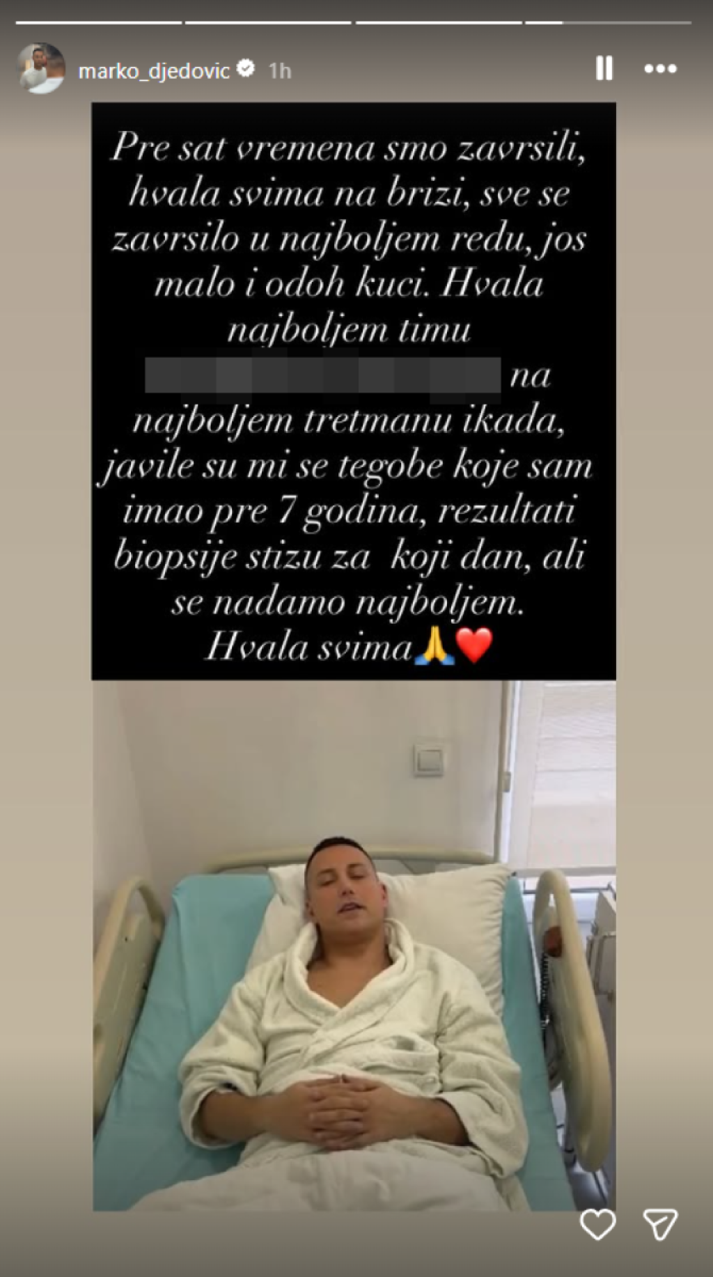 "Rezultati biopsije stižu za koji dan": Marko Đedović se oglasio iz bolnice