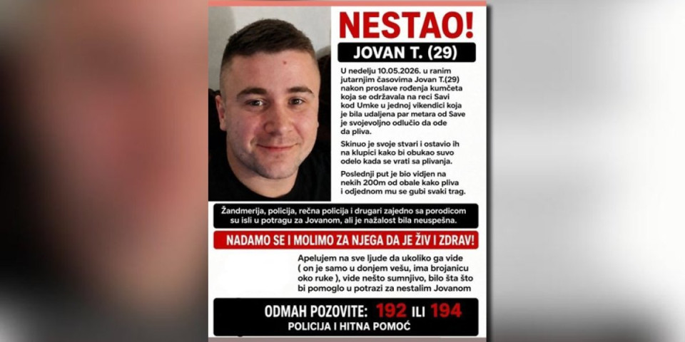 Nestao Jovan (29) kod Umke: Nakon proslave rođenja kumčeta otišao da pliva u Savu i gubi mu se svaki trag