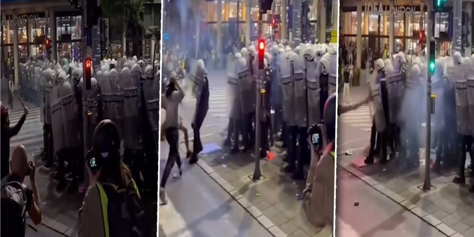 Polugo i sa majicom na glavi napada policiju: Ovo je trenutak kada je nasilje eskaliralo na skupu na Slaviji