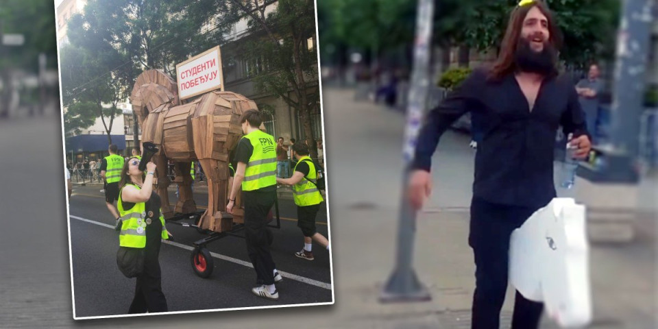 Ovi da nam vode državu?! Blokaderska "elita" u akciji: Konj od stiropora i haotične scene u Beogradu (VIDEO)