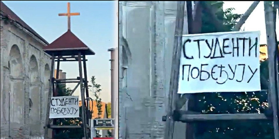Bagro bezbožnička, zar vam ništa nije sveto?! Blokaderi se popeli na crkveni zvonik i razvili politički transparent (VIDEO)