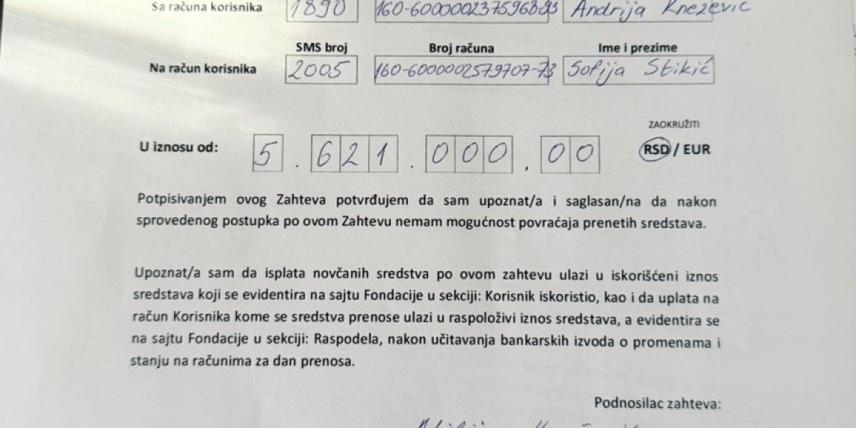 Preusmeren novac za Sofijino lečenje