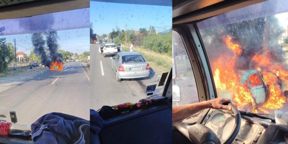 Buktinja kod Meljaka: Vozilo u potpunosti izgorelo, na putu ostao samo ugljenisani ram auta (FOTO)