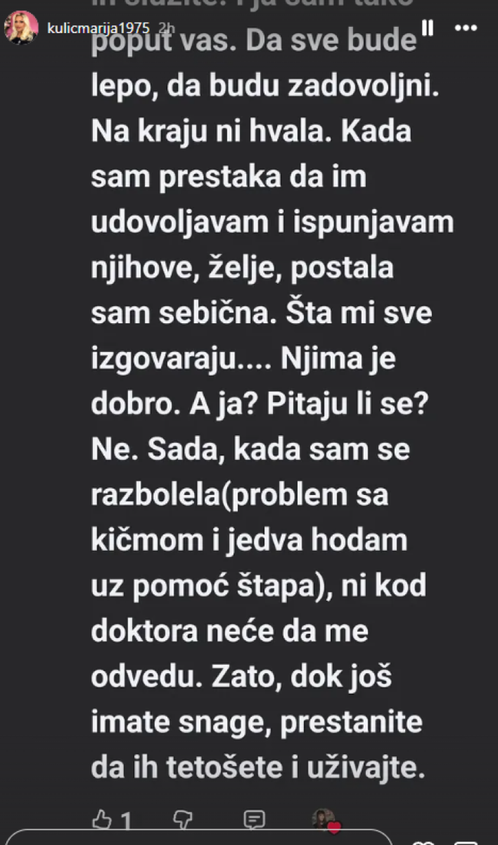 "Hodam pomoću štapa, neće da me vode kod doktora": Potresna objava Marije Kulić zabrinula Srbe