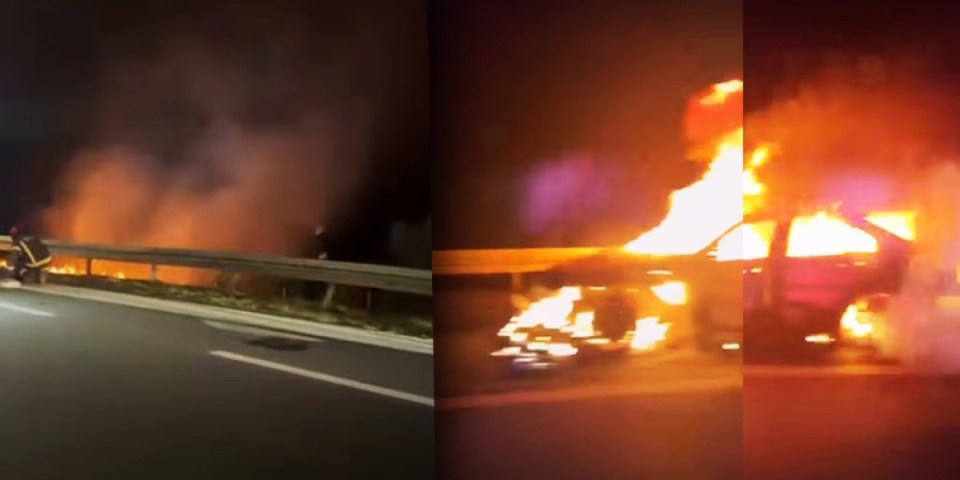 Automobil planuo kao šibica na auto-putu ka Nišu: Vatra "progutala" vozilo, plamen zahvatio i travu pored puta (VIDEO)