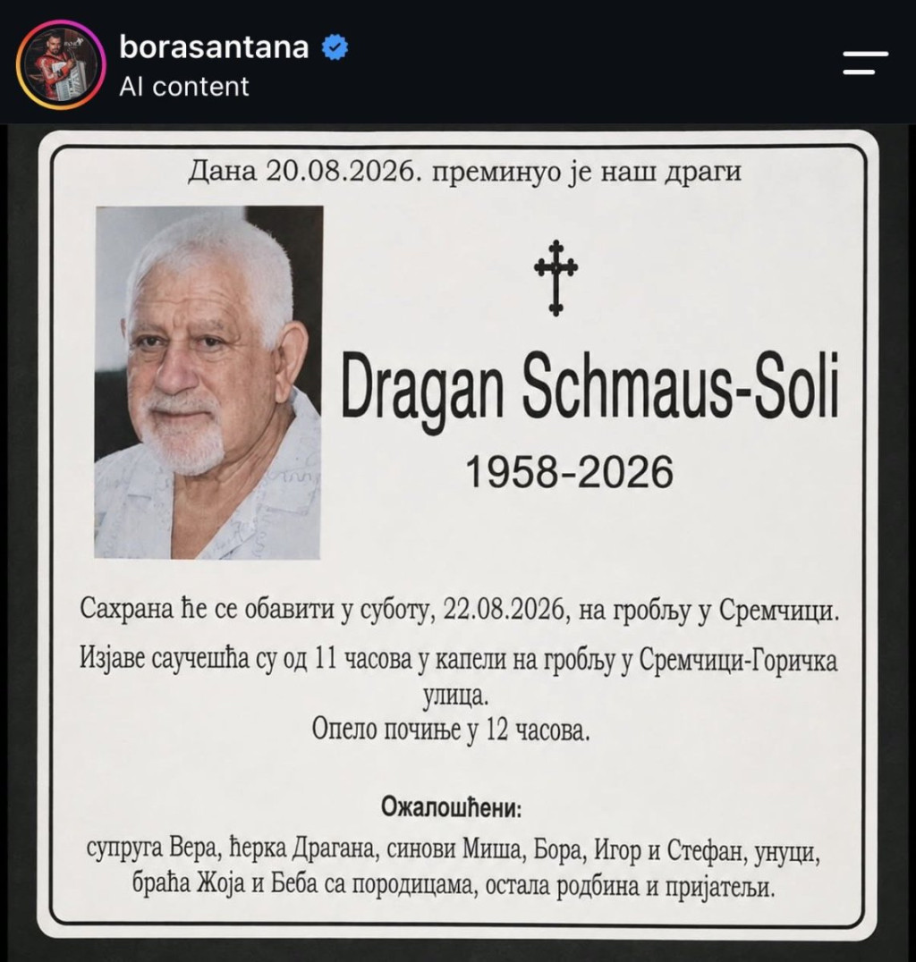 Osvanula čitulja oca Bore Santane: O imenu bruje Srbi - Poznat i datum sahrane